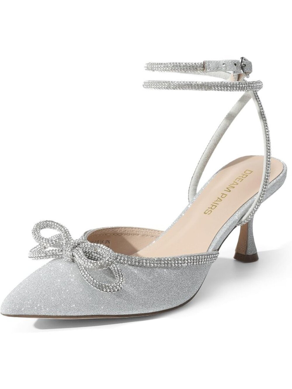 DREAM PAIRS Women's Silver Kitten Heels Rhinestone Bow Ankle Strap Pointed Toe